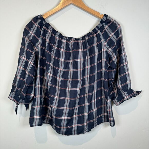 PAIGE Antonia Blouse Size Medium Off The Shoulder Boho Plaid Tartan Top ¾ Sleeve - Picture 2 of 9